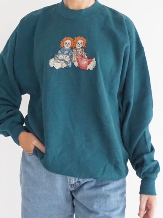 Jerzees Sweaters - Teal Crewneck Sweater with Doll Embroidery